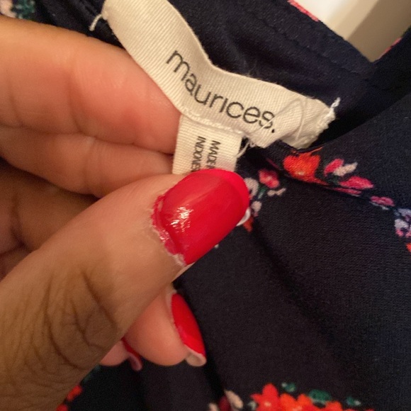 Maurice's Cold Shoulder Handkerchief Hem Navy Blue Pink Floral Midi Dress SZ 1 - Picture 9 of 15